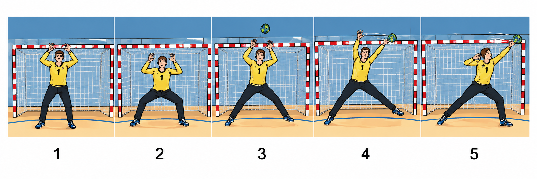 Fünf Bilder zeigen einen Handballtorwart in verschiedenen Positionen beim Abwehren eines Wurfs.